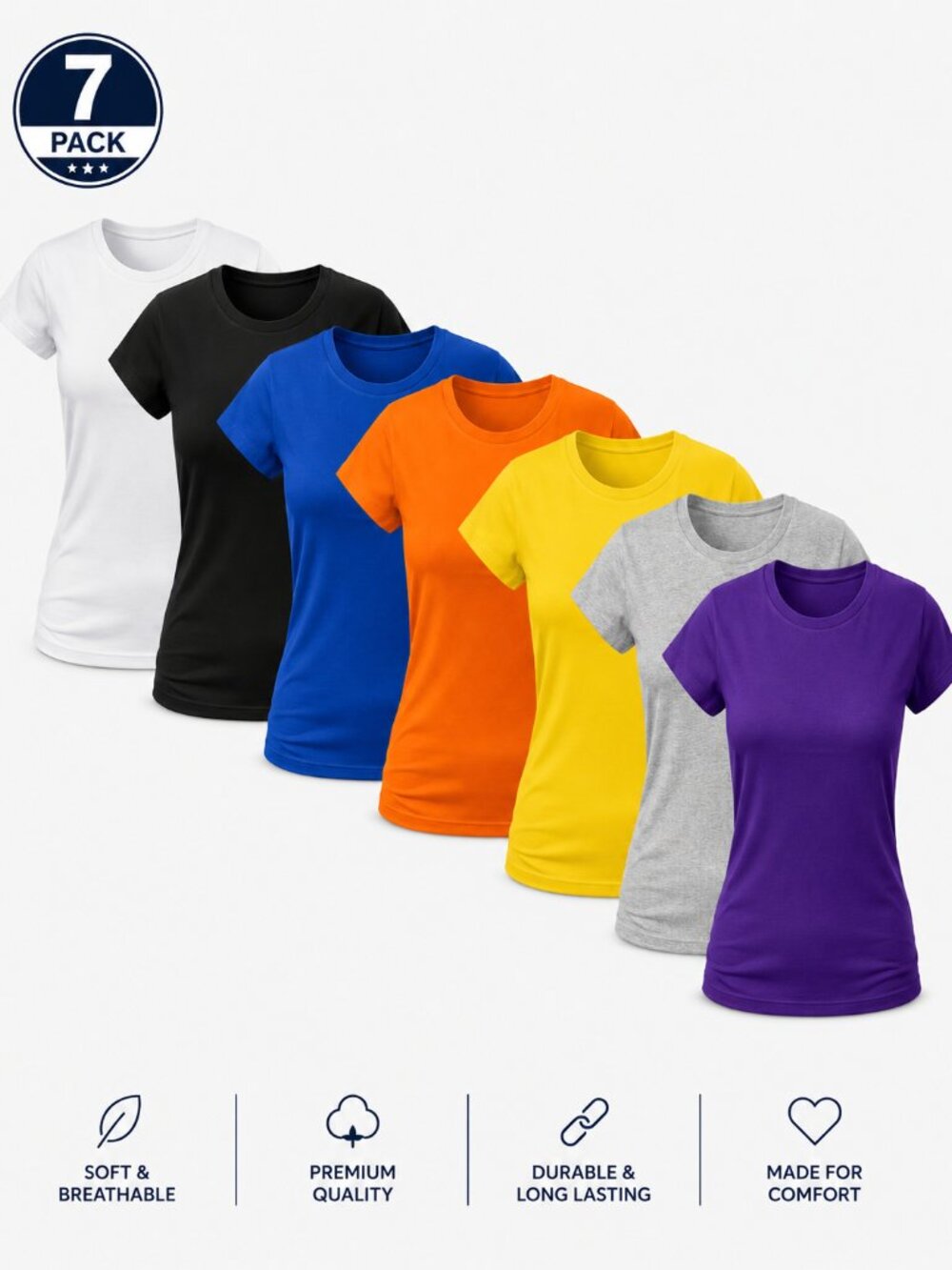 Women's Pack of 7 Plain Crew Neck T-Shirts Basic Short Sleeve Solid Tee Set S-XL